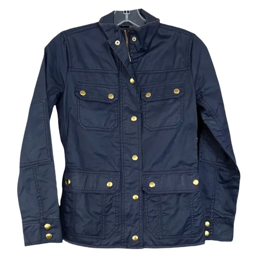 J Crew Navy Blue Gold Snap Waxed Utility Rain Jacket Sz XXS EUC